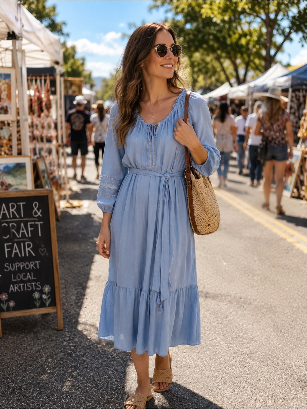 Tommy Bahama Sky Blue Peasant Midi Dress with Tie Waist